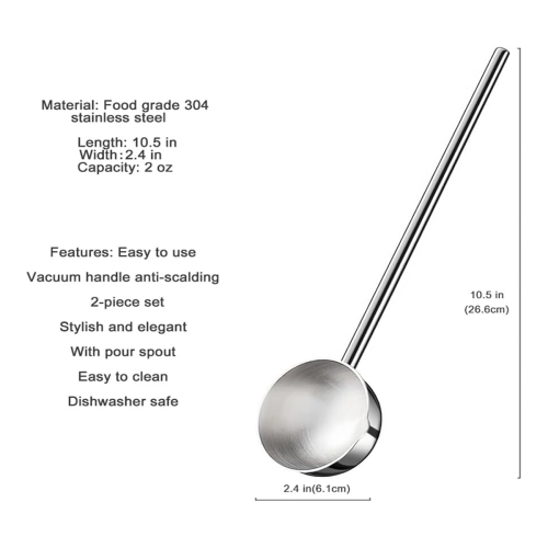 Concha de sopa pequena em aço inox com bico de verter, capacidade de 2 oz, cabo longo, concha de molho resistente ao calor, 10,5 polegadas 2