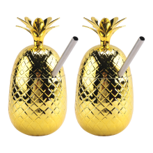 2 Pack Pineapples Drink Cups, 450Ml Gold Tumbler with Stretched Straw, Hawaiian Luau Party Cups