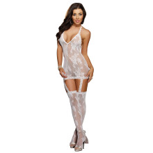 Dreamgirl Womens Florence Halter Dress with Garter and Stockings  Whit