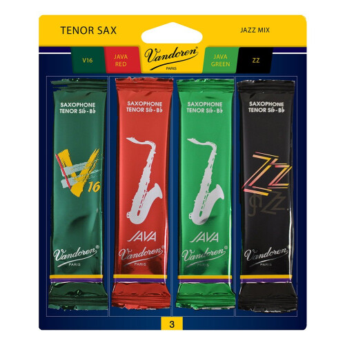 Vandoren SrMixt3 Tenor Sax Jazz Reed Mix Card inkluderer 1 hver ZZ V16 Java og Java Red Strength 3
