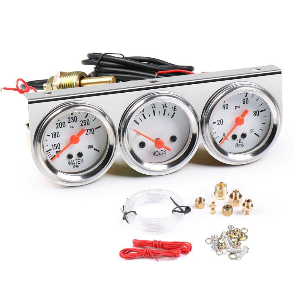 Triple Gauge Kit Oil/Volt/Water Gauge, 52Mm 2 Inch 3 In 1 Triple Gauge Kit Water Temp Oil Pressure Volt Gauge Meter With Sensor 689788460369