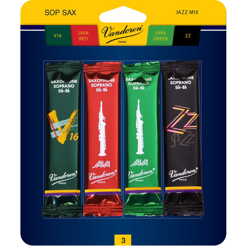 Vandoren Srmixs3 Soprano Sax Jazz Reed Mix Card inclui 1 cada ZZ V16 Java e Java Red Strength 3