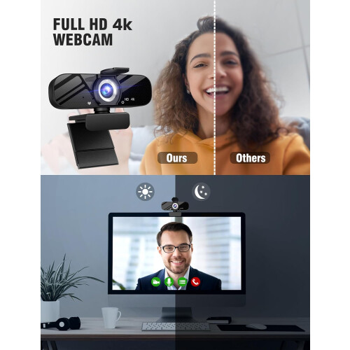 Webcam with Built-in Microphone and Rotatable Tripod, 4K Video and Wide Angle Camera, Privacy Cover(Black) 1