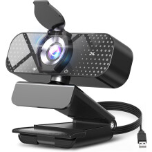 2K HD Webcam with Wide Angle Lens, Privacy Cover, Auto Light Correction and Noise-Canceling Mic(Black)