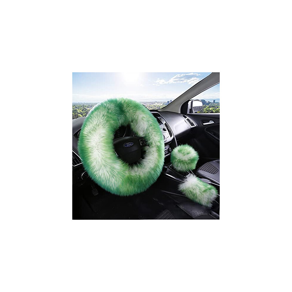 15Inches Universal Leather Car Steering Wheel Cover Car Accessories Colorful Fuzzy Steering Wheel Cover Gear Shift Cover Handbrake Cover (Green) Green 689788464459