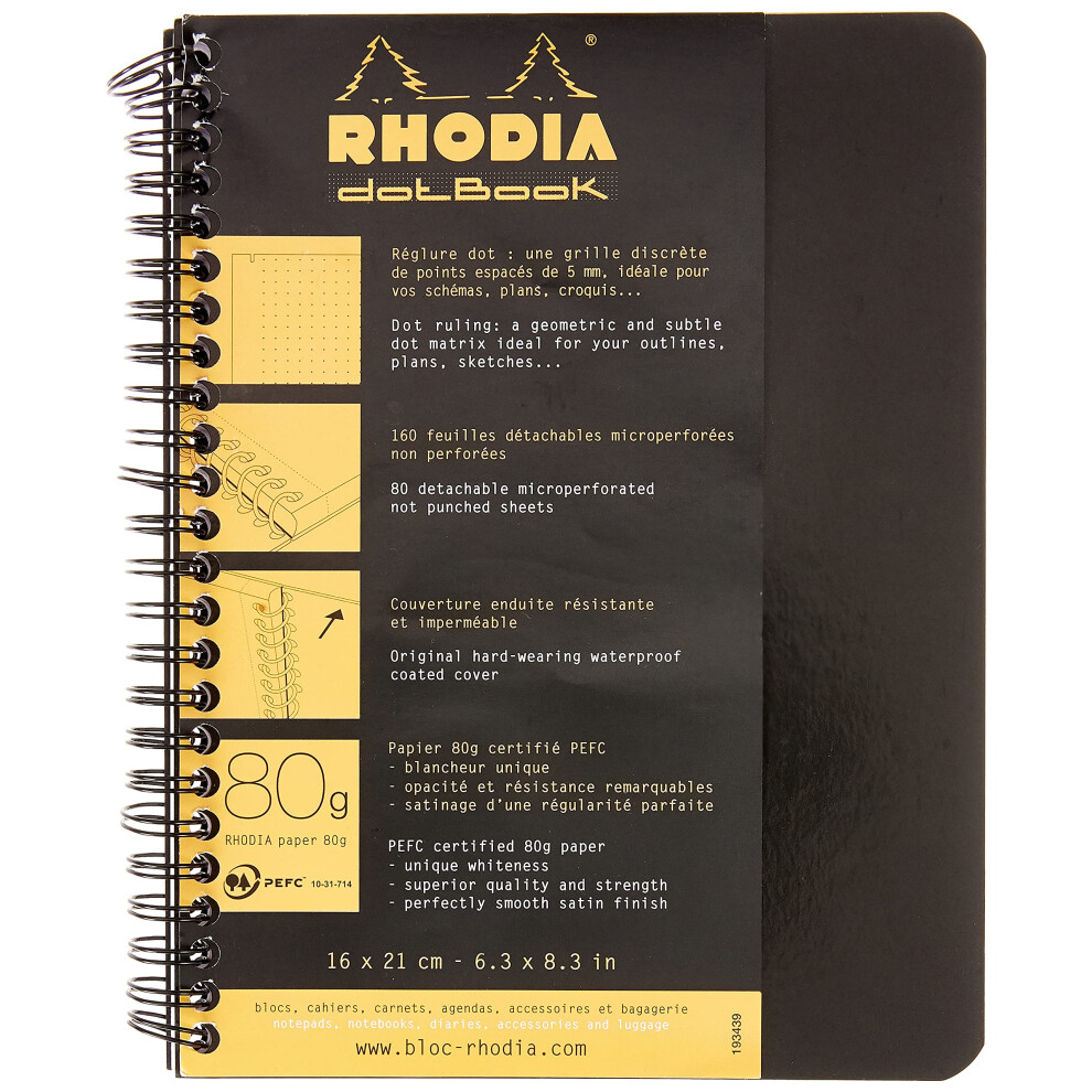 Rhodia 193439C - Quaderno A Spirale (Rilegatura Integrale) Notebook Nero - A5+ 16 X 21 Cm- Puntinato Dot - 160 Pag. Staccabili - Carta Clairefontaine Bianca 80G/M² - Copertina Morbida E Resistente-image
