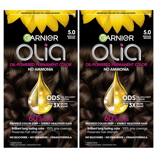 Garnier Χρώμα Μαλλιών Olia Χωρίς Αμμωνία, Μόνιμη Βαφή, 5.0 Μέτριο Καφέ, 2 Τεμάχια