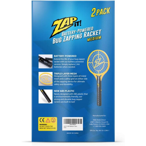 Zap It Bug Zapper Battery Powered (2xAA Included) Bug Zapper Racket, 3,500 Volt, 2 Pack 2