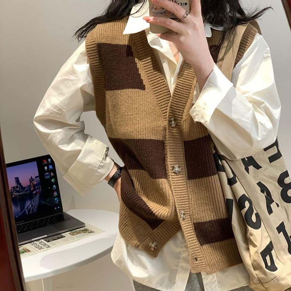(dark brown, One Size) Single-breasted Striped Knitted Cardigan 2022 Spring New Women Fashion Sleeveless Knitted Sweater Slim Korean Vest Cardigan