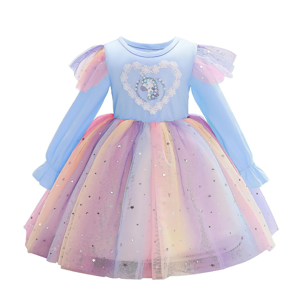 (110cm, pink) Girls Dress Long Sleeve Unicorn Mesh Dress