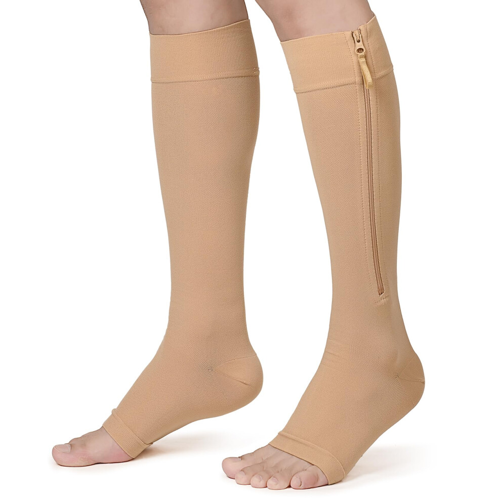 Zipper Compression Socks for Men Women, Open Toe, 2030mmHg Firm Support Knee High