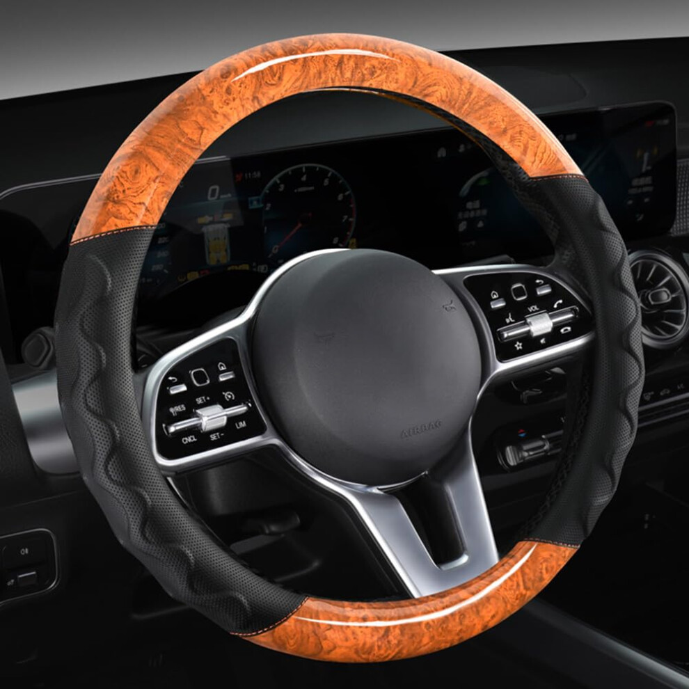 Wood Steering Wheel Cover, 15Inch Universal Breathable Microfiber Leather Antislip (Khaki) Grain 689788494937