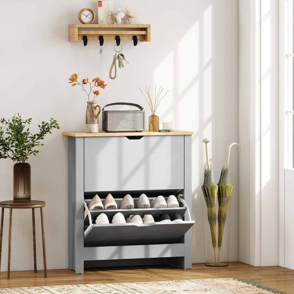 Rackhams Light/Grey Slim Shoe Cabinet, Narrow Shoe Cupboard With 2 Flip Drawers, Adjustable Shelves For 12 Pairs Of Shoes, - Image 4