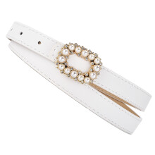 Cinturón de PU con decoración de perlas blancas para mujer 104x1.9cm