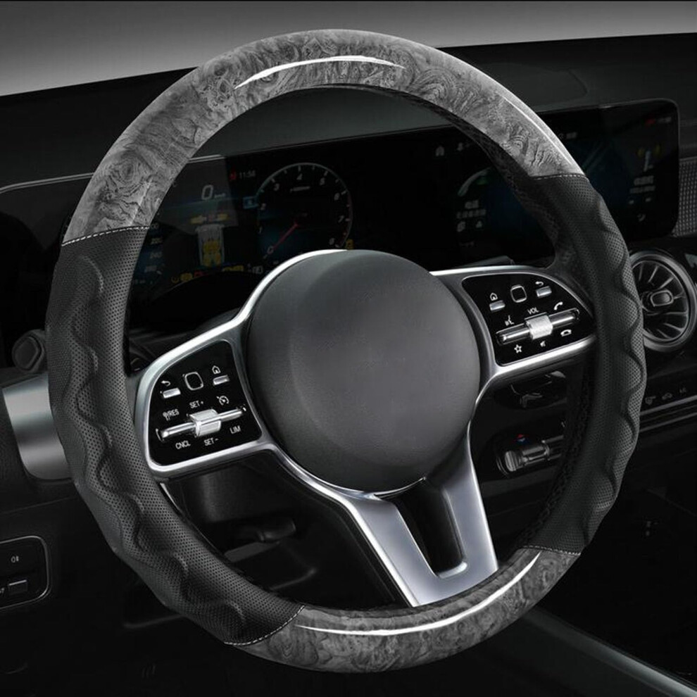 Auto Leather Steering Wheel Cover Wood Breathable Antislip Universal 15 Inch Steering Wheel Wrap (Gray) Peach/Grain/Gray 689788504827