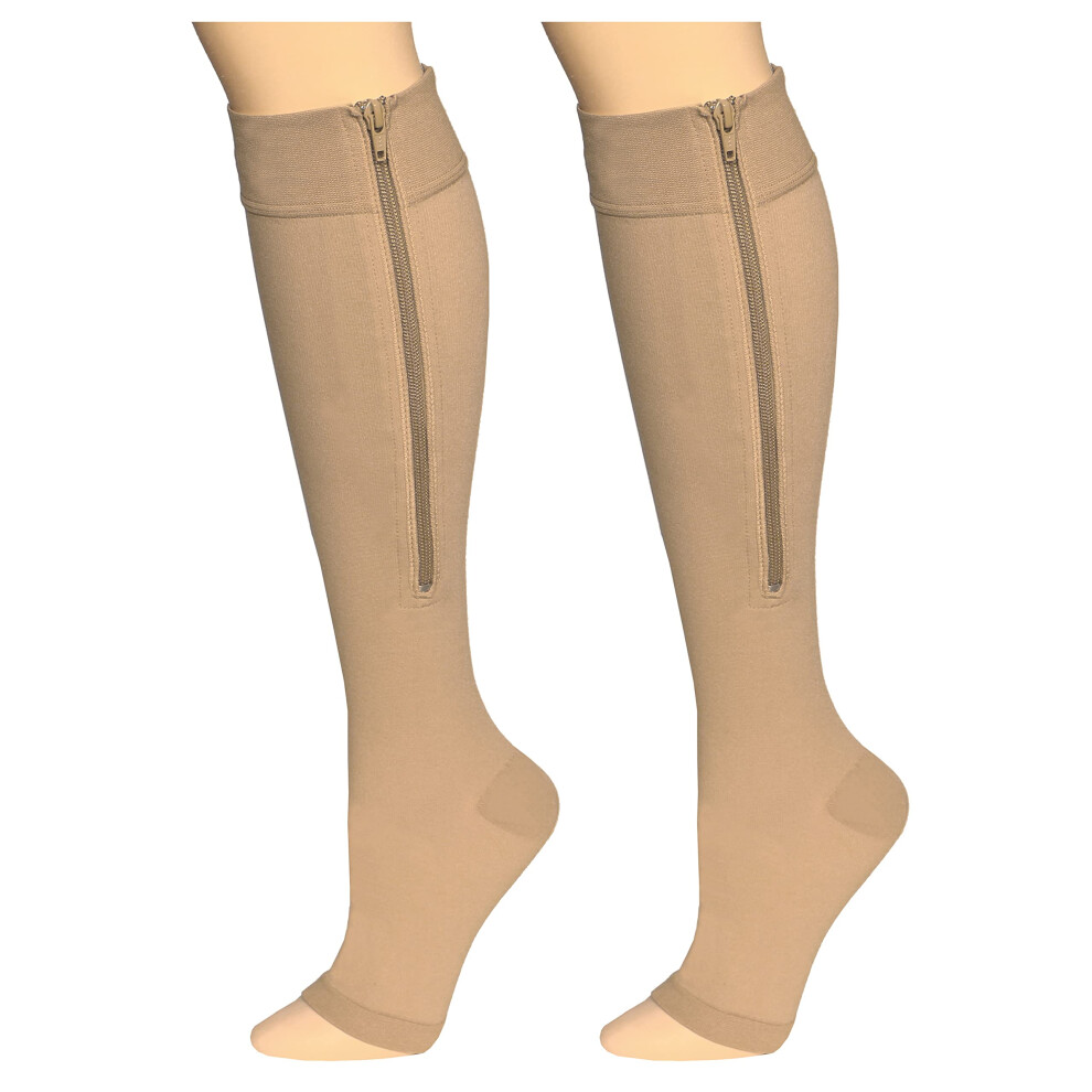 Beige Zipper Compression Stockings, 1520 Mmhg Medical Socks, Women And Men, Knee High, Open Toe, Medium