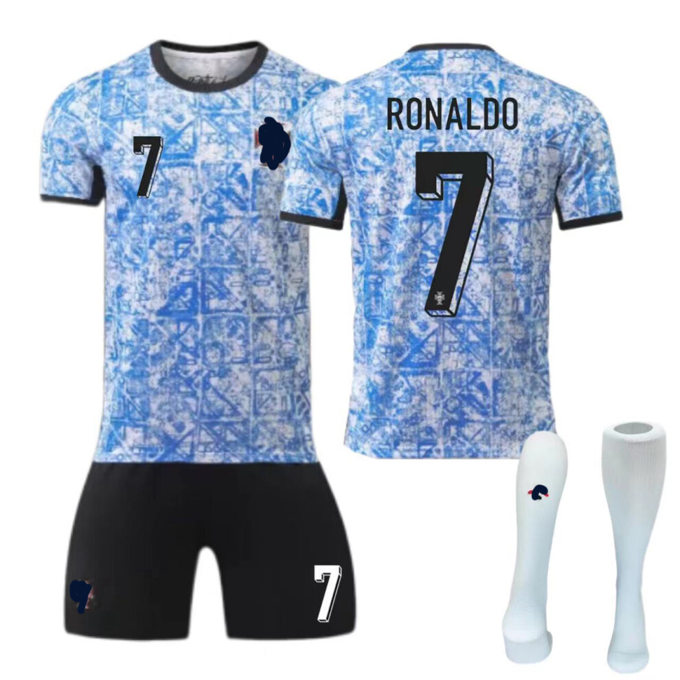 (20(110-120cm)) 2024-25 Portugal Away #7 Ronaldo Soccer Jersey Set Football Kits T-shirt For Kids Adults with Socks