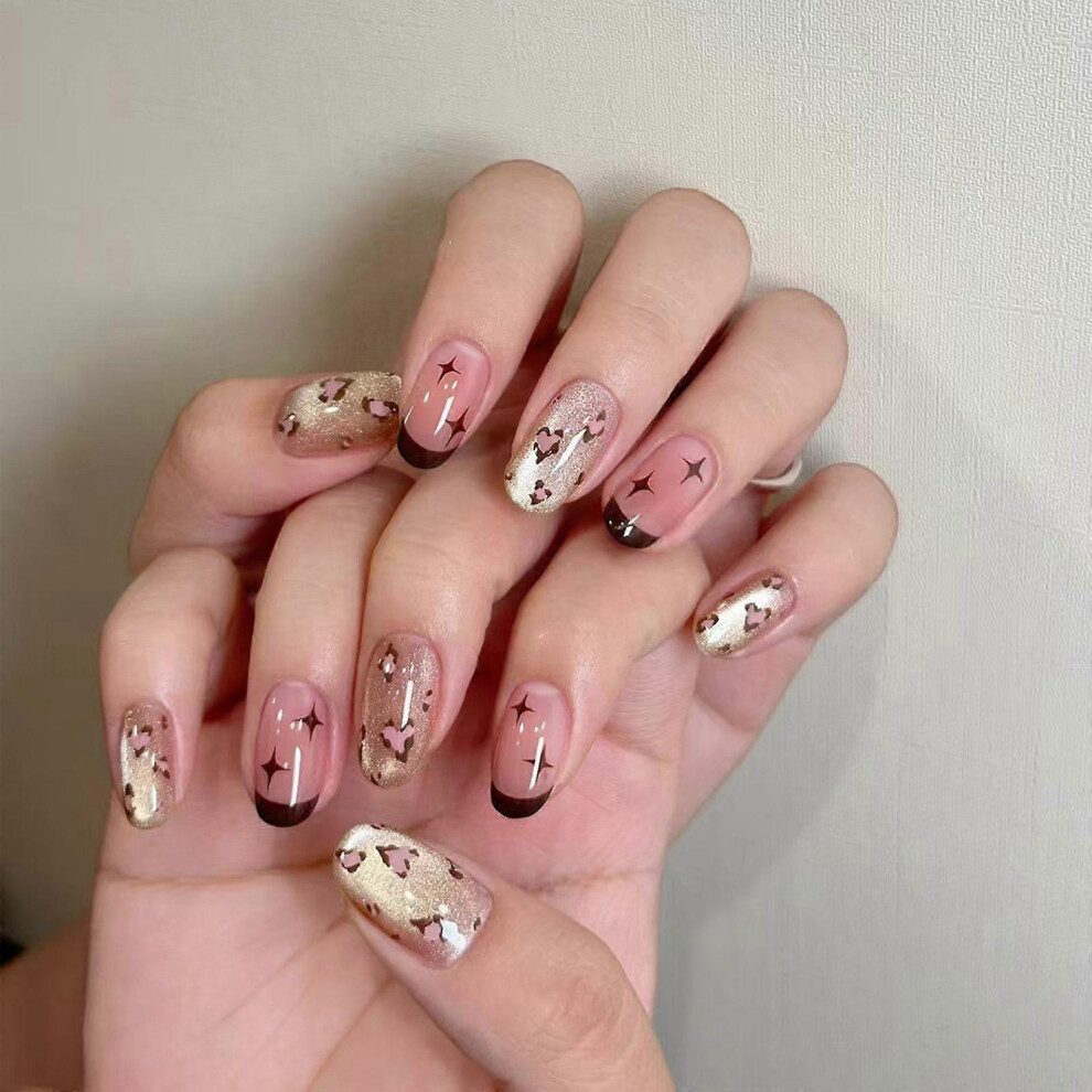 (As show, One size) 24Pcs Almond Press on Nail French Tip Fake Nail Glues on Nail Leopard Designs Artificial Nail Acrylic Nail Stick On Nail