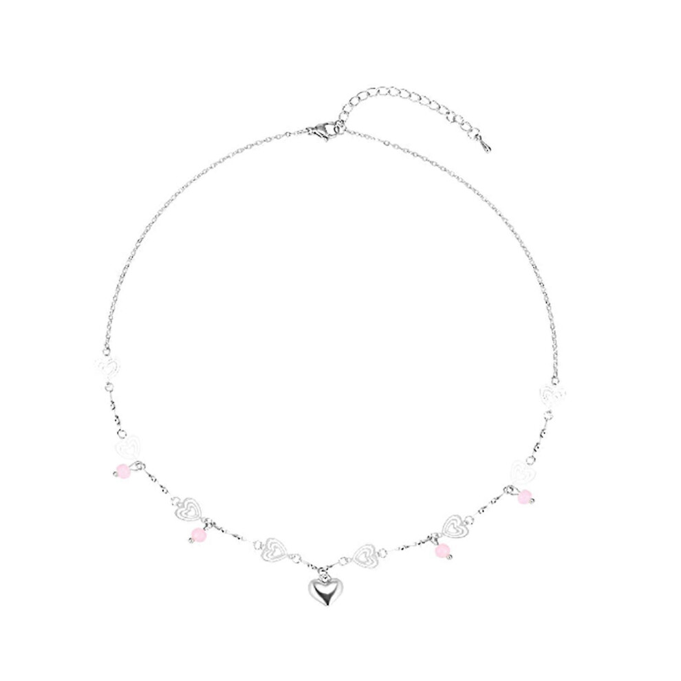 (As Show, One Size) Fashion Crystal Heart Pendant Necklace Temperament Charm Choker Neck Chain Elegant Clavicle Chain Necklace Jewelry Pink