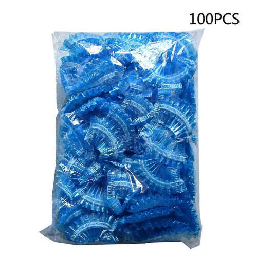 (As show, One size) 100Pcs Thickened Disposable Plastic Waterproof Ear Protector Cover Cap Salon Hai  Blue