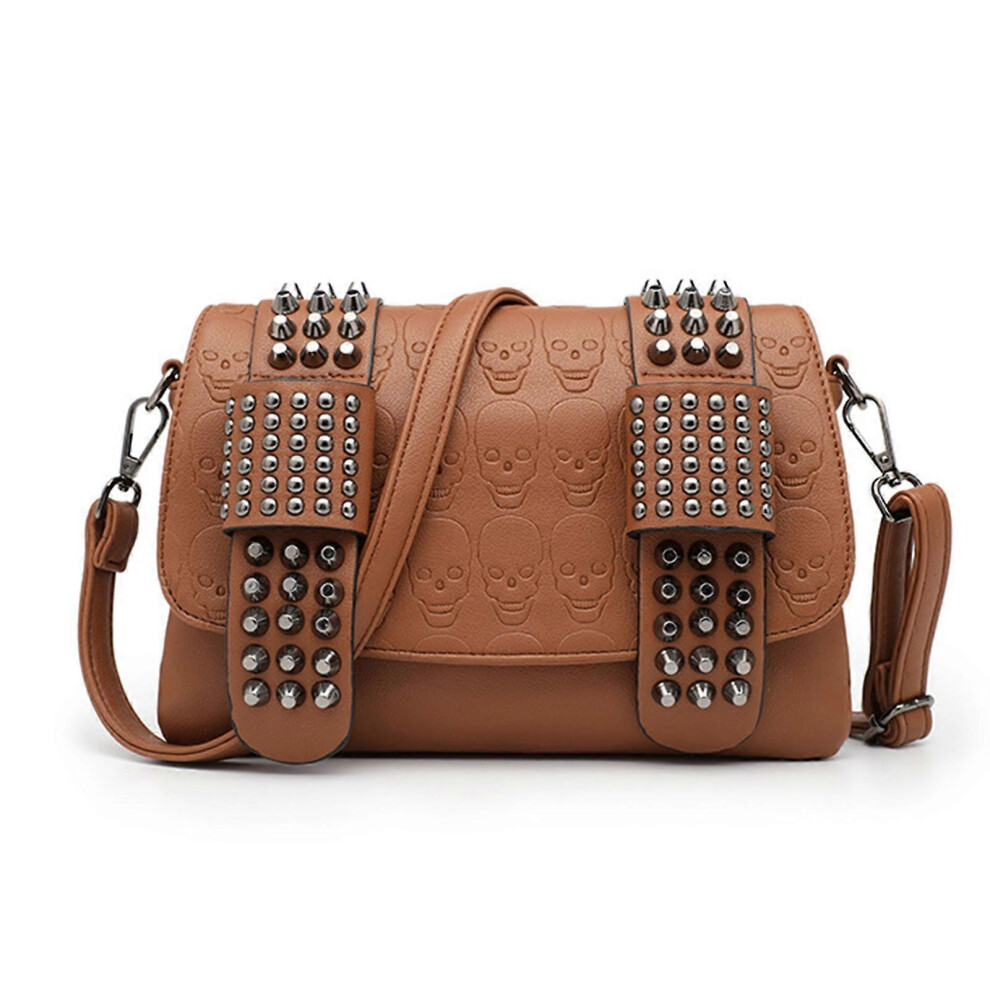 (, One Size) Versatile Shoulder Bag Rivet Messenger Bag For Teen Girl Pu Crossbody Bag Vintage Skull Punk Bag Fashion Casual Bags Brown