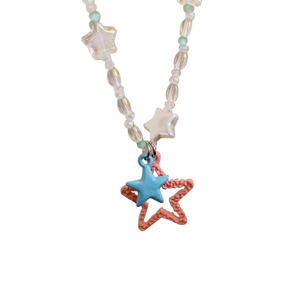 (As show, One size) Fashion Sweet Hollow Star Pendant Necklace Choker Neck Chain Elegant Clavicle Chain Handmade Beaded Necklace Y2K Jewelry