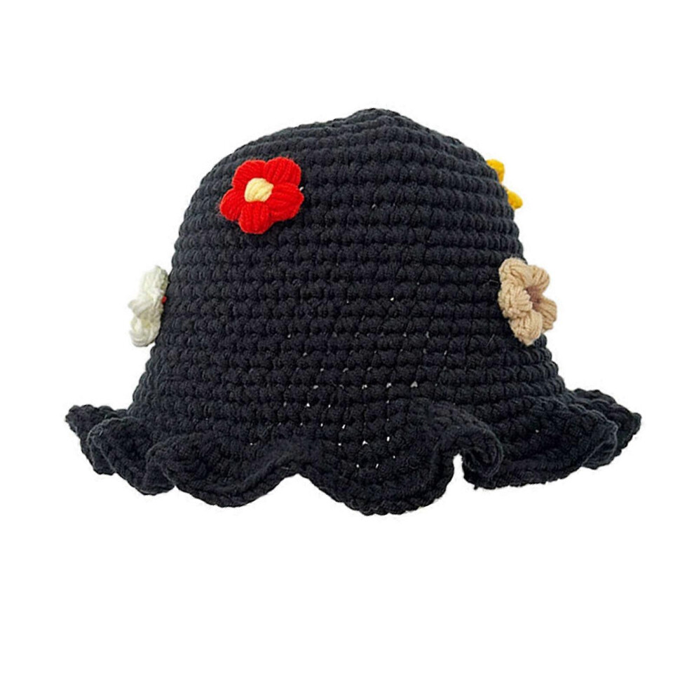 (Black, One size) Sweet Girls Crochet Bucket Hat Cute Ladies Fisherman Cap with Flower Pattern Woman Teenagers Summer Wavy Brim Hat  Black