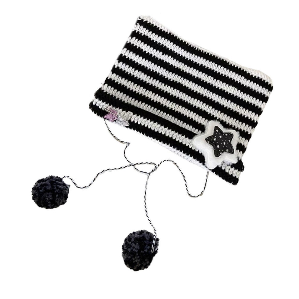 (black gray, One size) Unisex Cartoon Kitten Ear Striped Knit Beanie Hat Y2K Party Hat Photo Props Hot Girl Cute Slouchy Knitting Hat  black and white-image-OPC-PHZFSZC-NEW