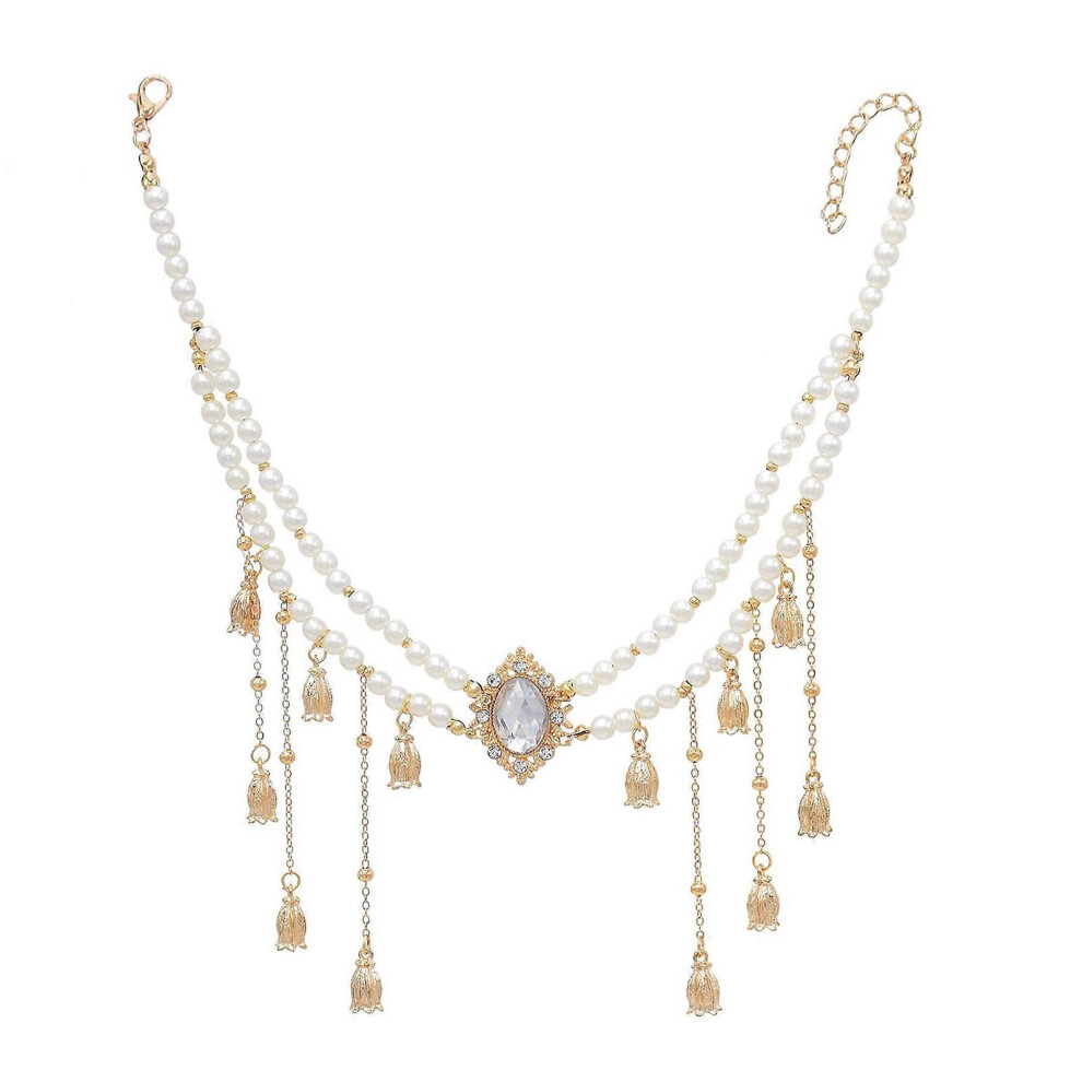 (Pearl Forehead, One Size) Bohemia Style Rhinestone Drop Pendant Forehead Chain Faux Pearl Headpiece Bridal Wedding Ceremony Forehead Jewelry Necklac White