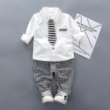 (110cm, White) Boys Autumn Clothing Suit Kids Gentleman Boy Tie Shirt + Pants Toddler Baby Boys Outfits Clothes Set Suitable For 0-4 Years