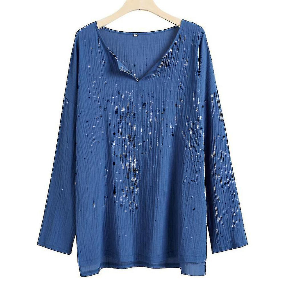 (M, Navy Blue) Men Linen-look Long Sleeve V-neck T-shirt Casual Baggy Tee Shirt Tops