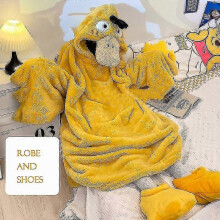(L, Robe And Shoes) Cartoon Duck Winter Pajamas For Adult Onesie Hoodie Funny Pajama Warm Comfy Homewear Lounge Girls Dorm Cosplay Sleepwear Psyduck