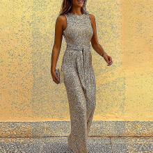 (As show, One size) European And American Round Neck Sleeveless Personality Sequin Silver Dot Jumpsuit Women's Clothing