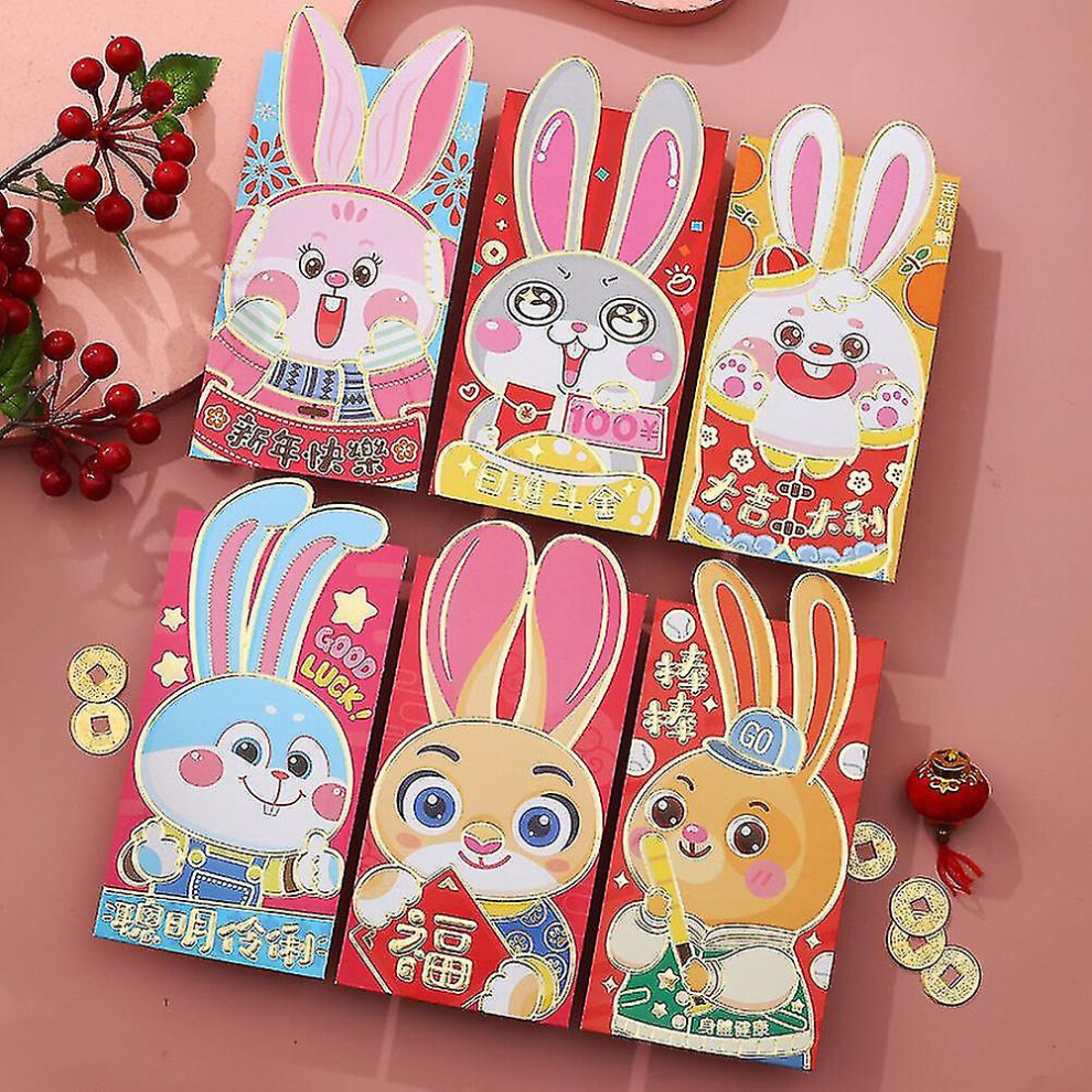 Kikidex (Square 4, One Size) 6Pcs Envelopes 2023 Year Of The Rabbits Packet 3D Cute Bunny New Year Luckies Money Packets Red