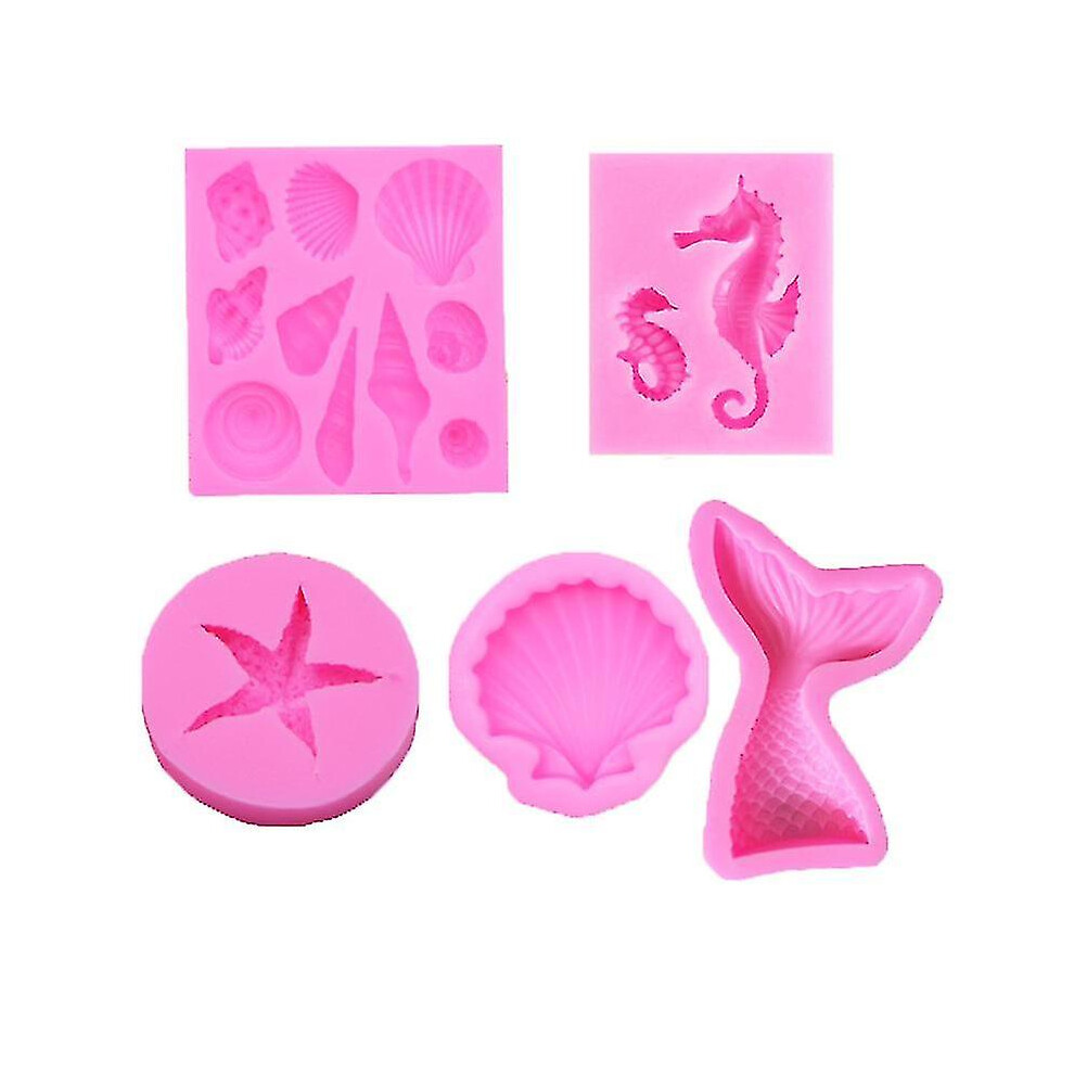 (As show, One size) 5pcs Little Mermaid Mold Mermaid Mold Seashell Silicone Mold Fondant Decorating Cake Mold Silicone Baking Mold For Cupcakes Candy Chocolates Mermaid T