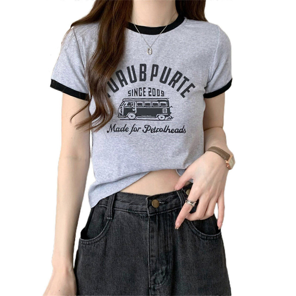 (L, Black) Womens Graphics Shirts Letter Pattern Print Crop Tops Tunics Casual Short Sleeve Summer T Shirts Tops Holiday Tees Shirt Gray M