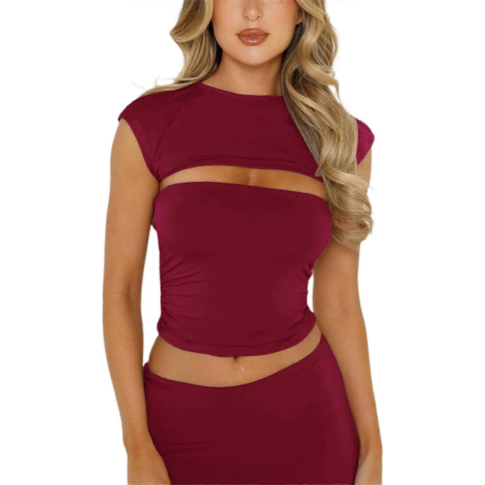 (M, Gray) Womens Short Sleeve Detachable 2 Piece Crop Top T-Shirt Summer Female T-shirt Y2K Tops for Club Party  Burgundy S