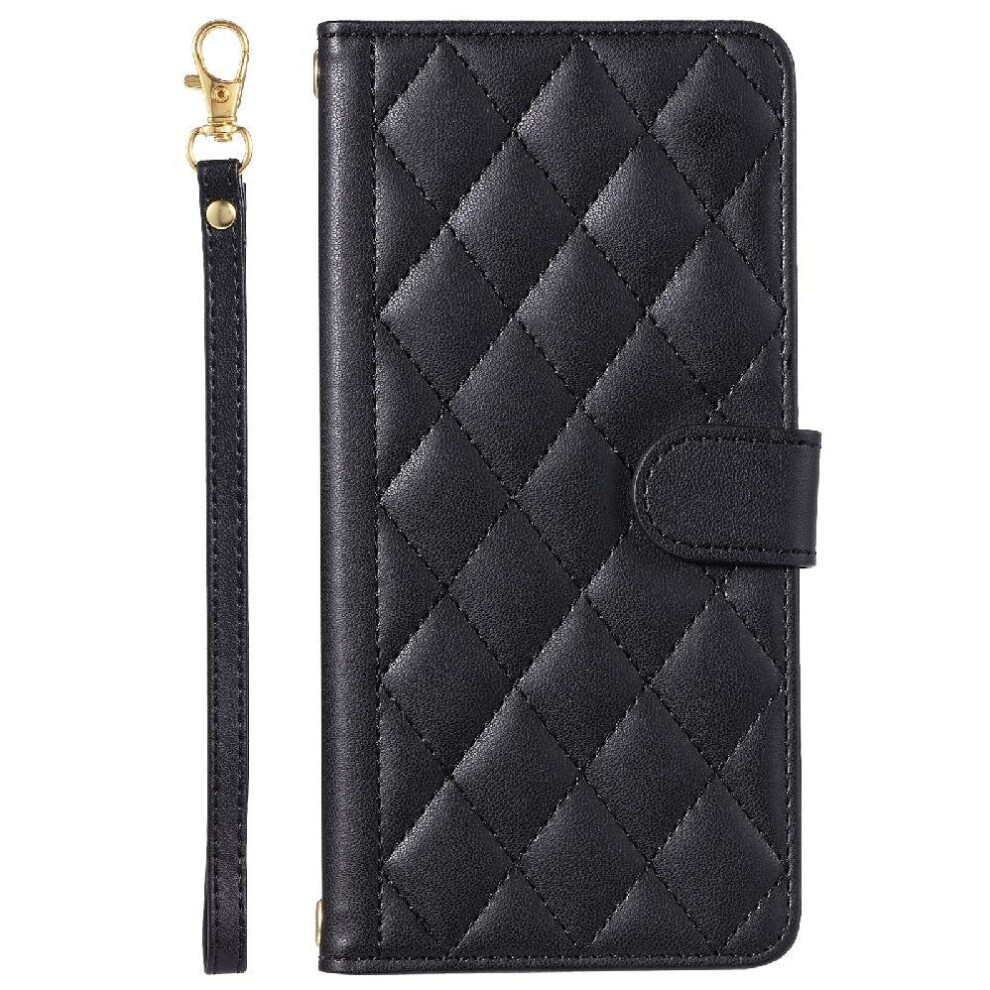 (Black) Phone Case For Sony Xperia 1 Vii Lattice Card Slots Holder Magnetic Flip Folio Wallet Hand Strap Black 764563092024