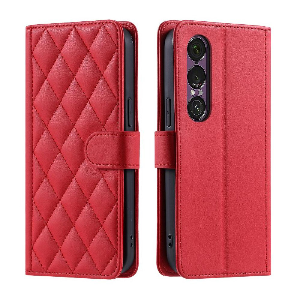 (Red) Phone Case For Sony Xperia 1 Vii Lattice Card Slots Holder Magnetic Flip Folio Wallet Hand Strap Red 764563092031