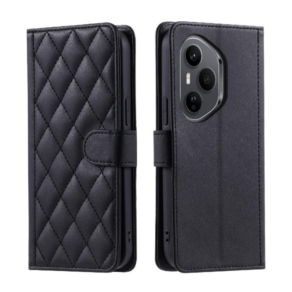 (Black) Phone Case For Honor 400 Pro Card Slots Holder Magnetic Hand Strap Flip Folio Wallet Lattice Black 764563092086