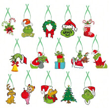 (Style 1, 15 pieces/pack) Christmas party decoration Grinch pendant pendant winter Christmas tree layout green hairy monster hang tag