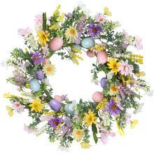Easter Wreath with Spring Artificial Flower Colorful Eggs Daisies Lavender Eucalyptus Leaves for Front Door Decor 20 Inch