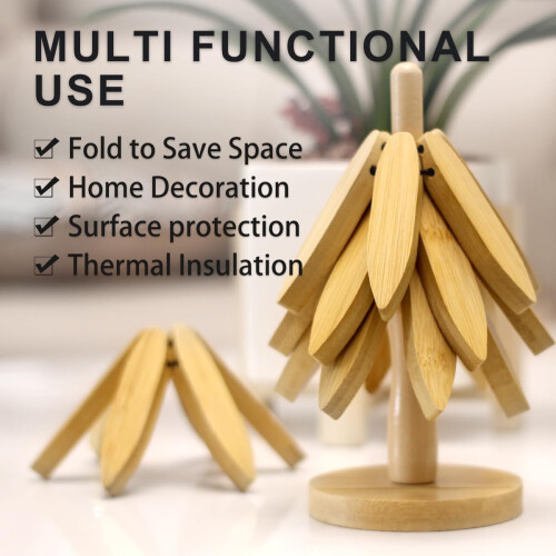 4 PCS Natural Wood Trivet for Hot Dishes Foldable Coasters 2