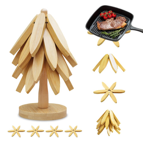 4 PCS Natural Wood Trivet for Hot Dishes Foldable Coasters