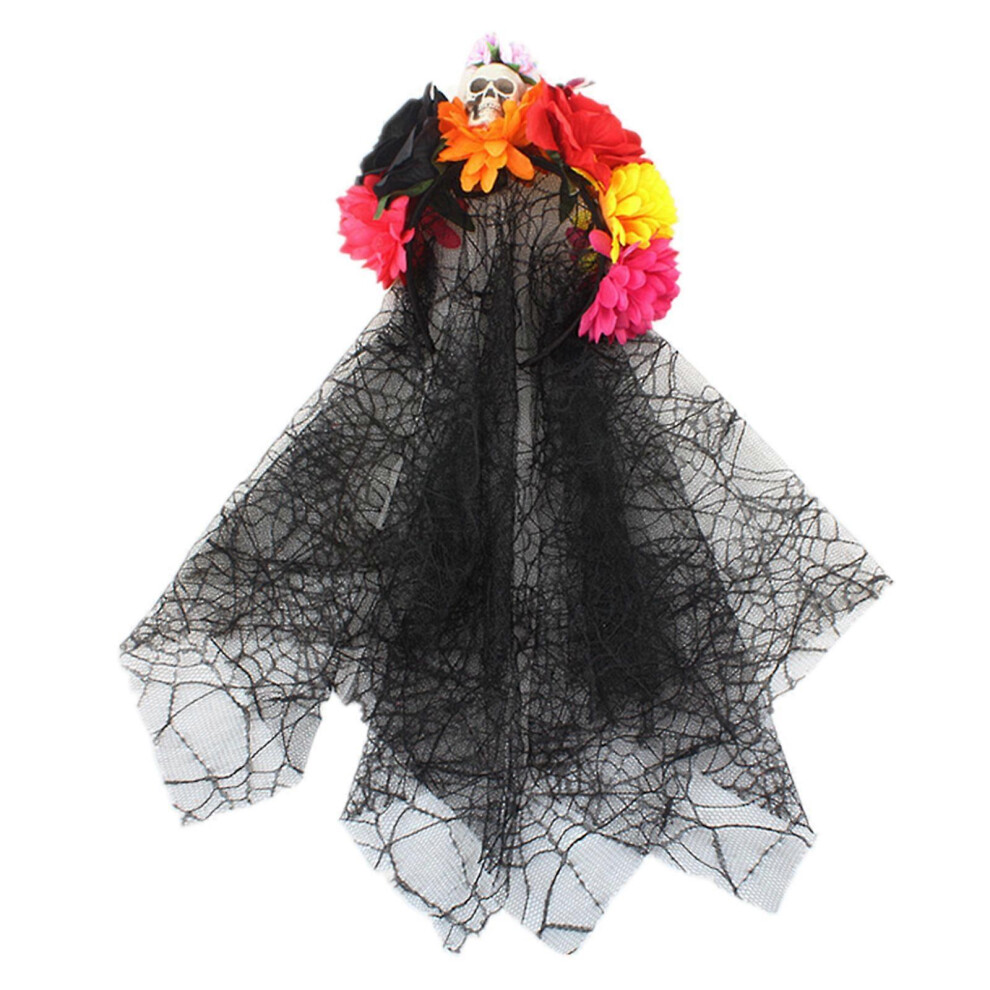(As show, One size) Black Veil Flower Crown Skull Headband Rose Flower Crown Hairband Day of The Dead Headband Halloween Tiaras And Crown  Other