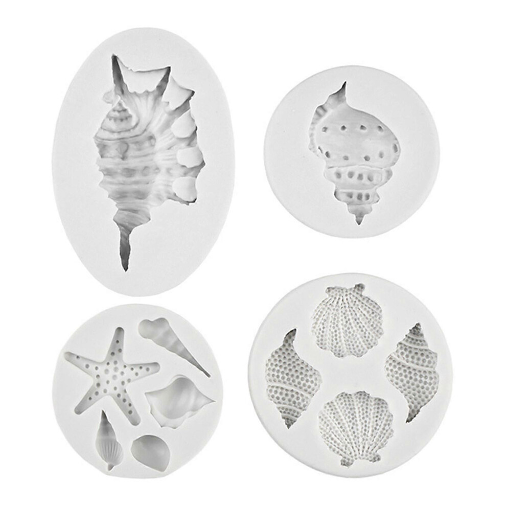 (, One Size) 4Pcs Marine Theme Silicone Molds For Cake Fondant Seashells Conch Starfishes Baking Decoration Dessert Bakewares Grey