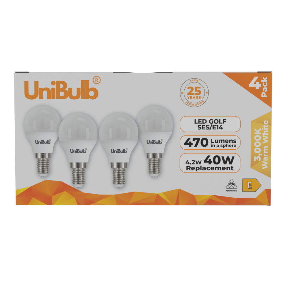 UniBulb Golf E14 Small Screw Lightbulb 470lm 4.2W 3000K Warm White Pack of 4 - Image 4