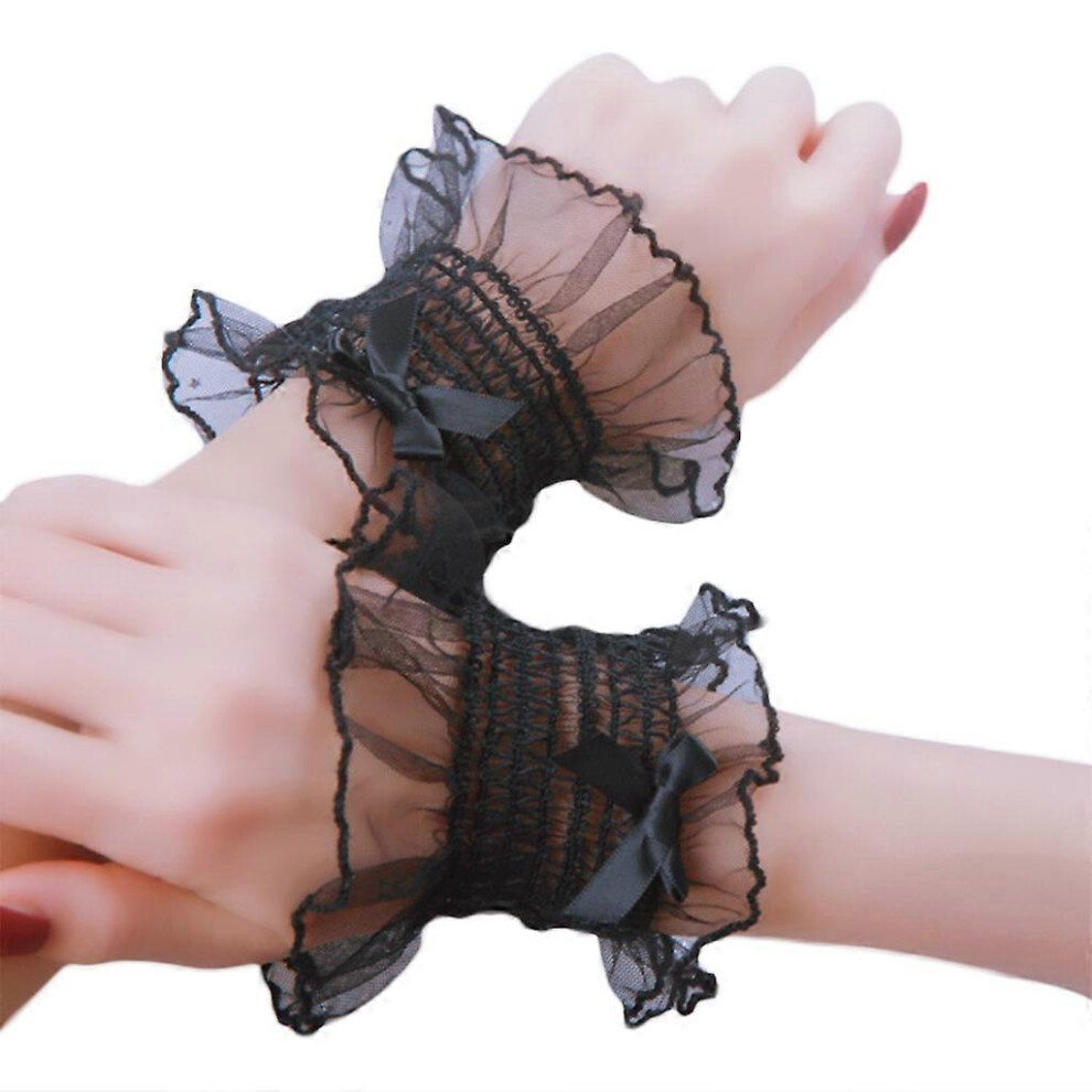 (Black, One size) Lolita Sweet Shirred Wrist Cuffs Solid Color Ruffled Lace Bow Wristband Sleeves  Black