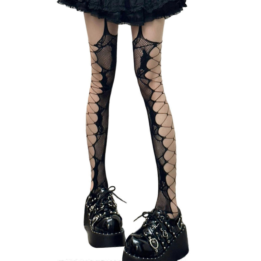 (Black, One size) Women Sexy Side Crisscross Hollowed Out Thigh Stockings Rose Flower Pattern Pantyhose Irregular Suspender Tights  Black