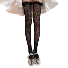 (Milky white, One size) Ruffle Lace Trim Fishnet Thigh High Stockings for Women Japanese Hollowed Out Flower Patterned Mesh Over Knee Long Socks Black